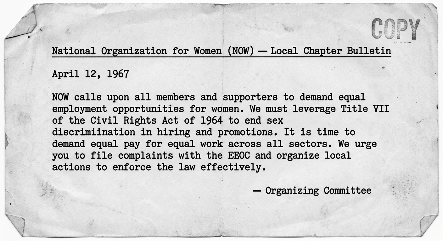 Black-and-white scanned 1967 NOW local chapter bulletin urging equal employment opportunity for women, referencing Title VII, equal pay, and organizing and filing complaints to enforce civil rights laws.