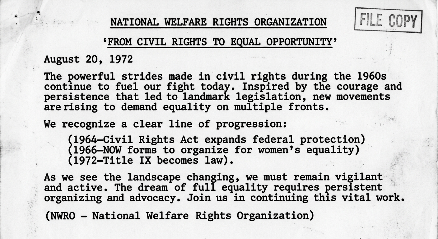 Black-and-white scanned 1972 NWRO newsletter excerpt with a small timeline listing 1964 Civil Rights Act, 1966 formation of NOW, and 1972 Title IX, linking civil rights activism to later equality efforts.