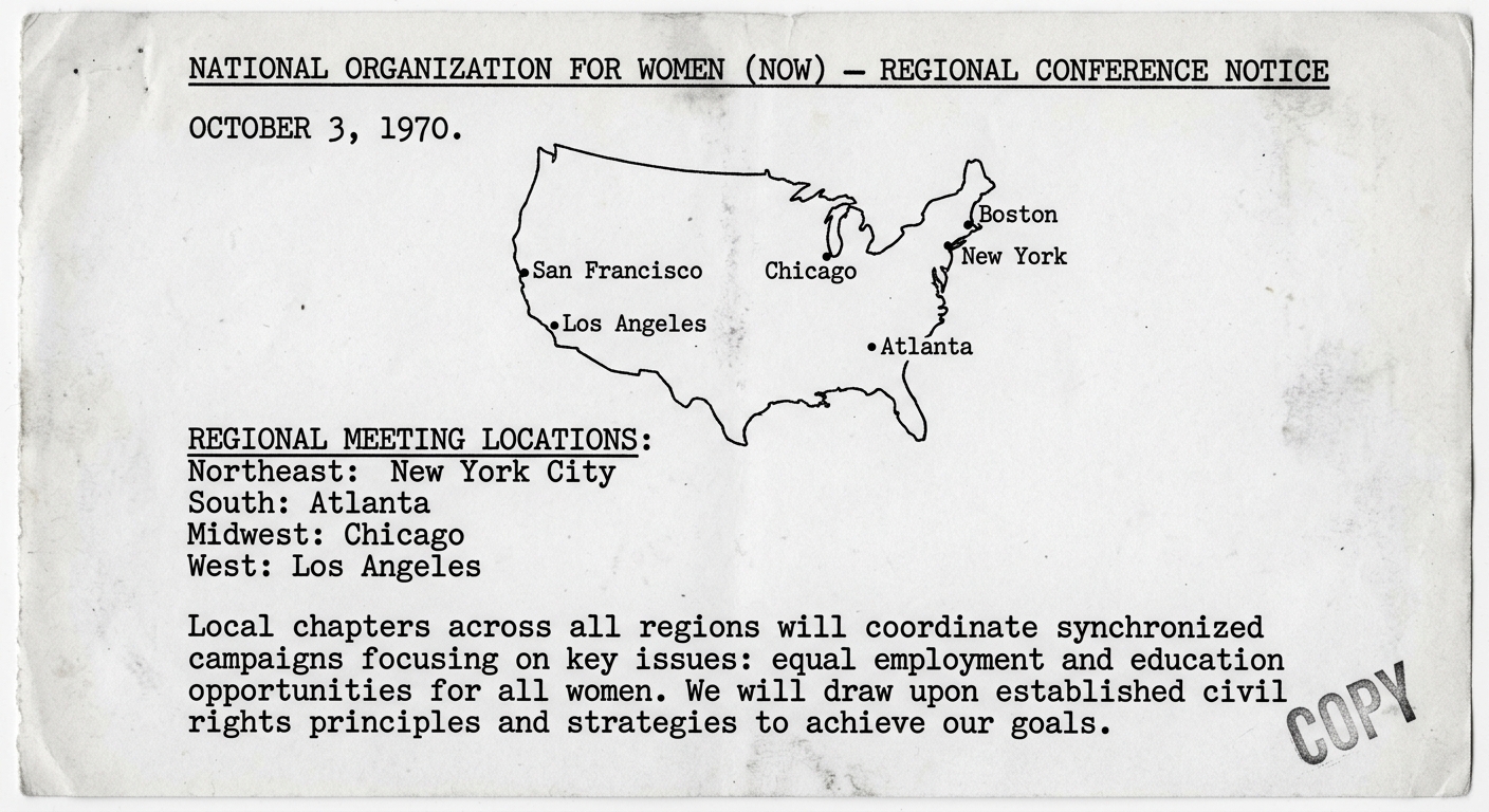 Black-and-white 1970 NOW regional conference notice showing a simple U.S. map with cities labeled and a list of meeting locations by region for organizing women’s equality campaigns.