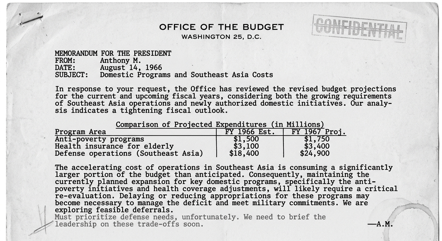Black-and-white scanned 1966 government memo with a small budget table comparing Great Society domestic programs and Southeast Asia war costs.