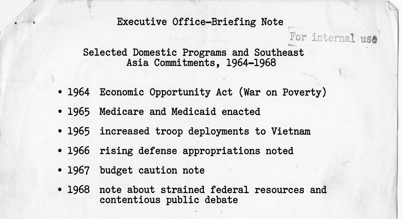 Black-and-white scanned timeline document (1964–1968) listing Great Society programs and rising Vietnam War commitments with dates.