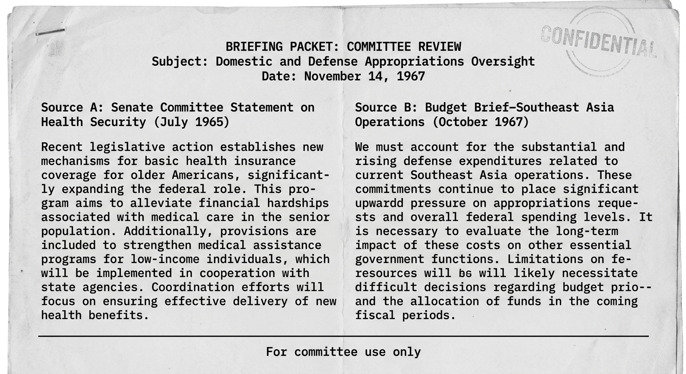 Black-and-white scanned briefing packet with two mid-1960s excerpts: one about Medicare/Medicaid goals and one about rising Southeast Asia war costs.