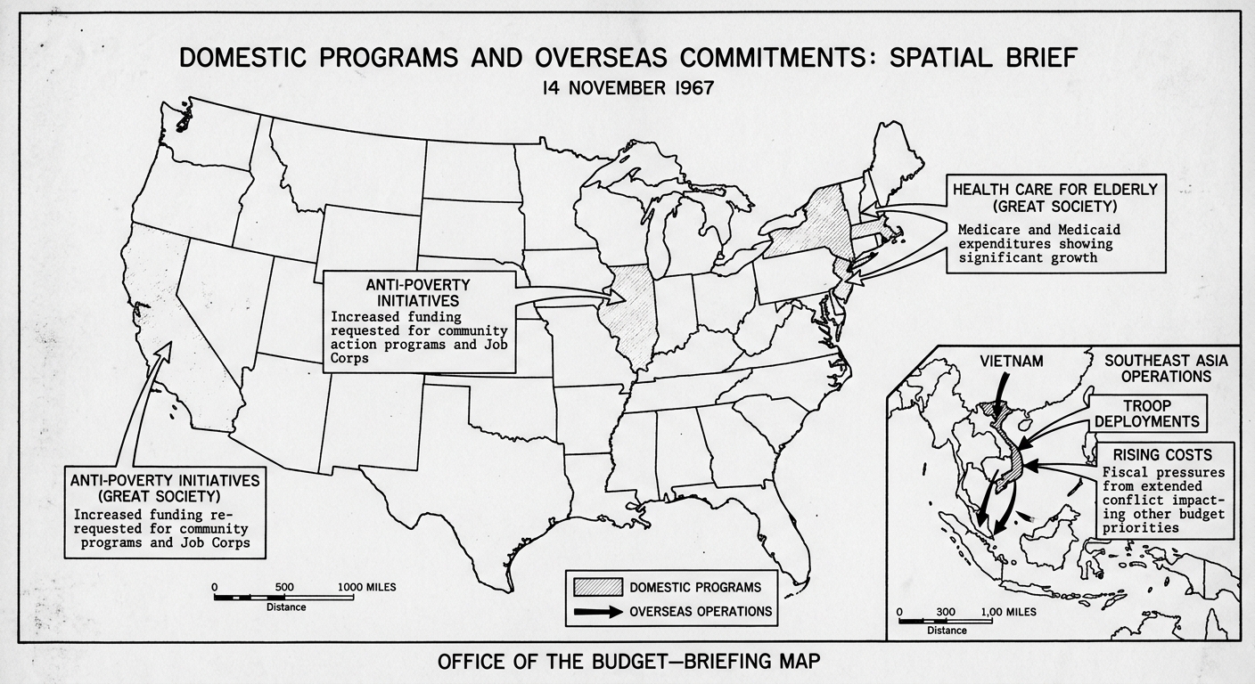 Black-and-white briefing map (1967) with a U.S. map for Great Society programs and an inset of Southeast Asia showing Vietnam War commitments and costs.