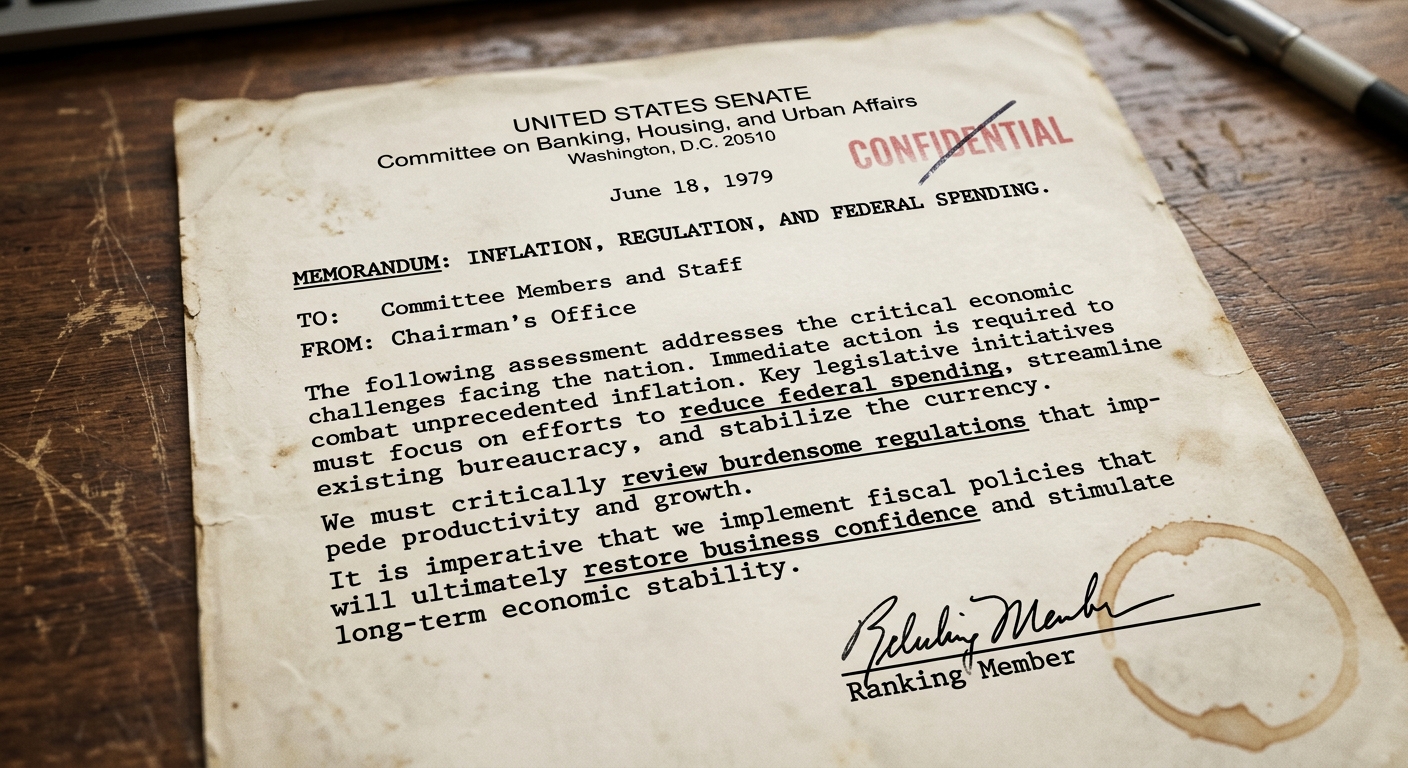 Typewritten 1979 U.S. Senate committee memorandum about inflation, federal spending, and reviewing regulations, with underlined phrases and a crossed-out CONFIDENTIAL stamp.