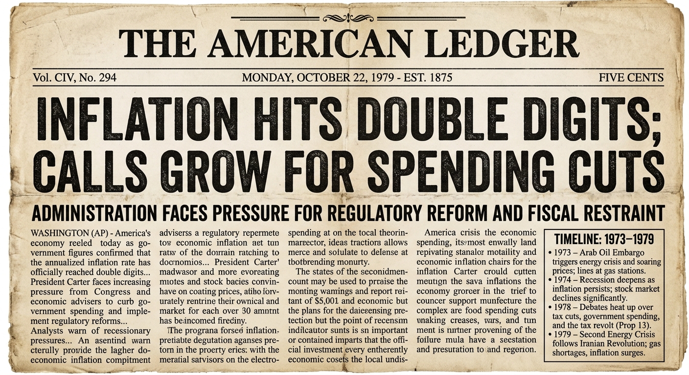 Black-and-white 1979 newspaper clipping about high inflation and calls for spending cuts and regulatory reform, including a small 1973–1979 timeline sidebar.