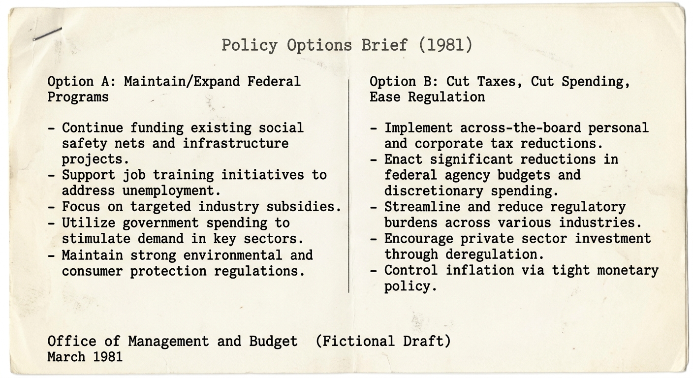 Typewritten 1981 policy options briefing sheet comparing expanding federal programs versus cutting taxes, spending, and regulations.