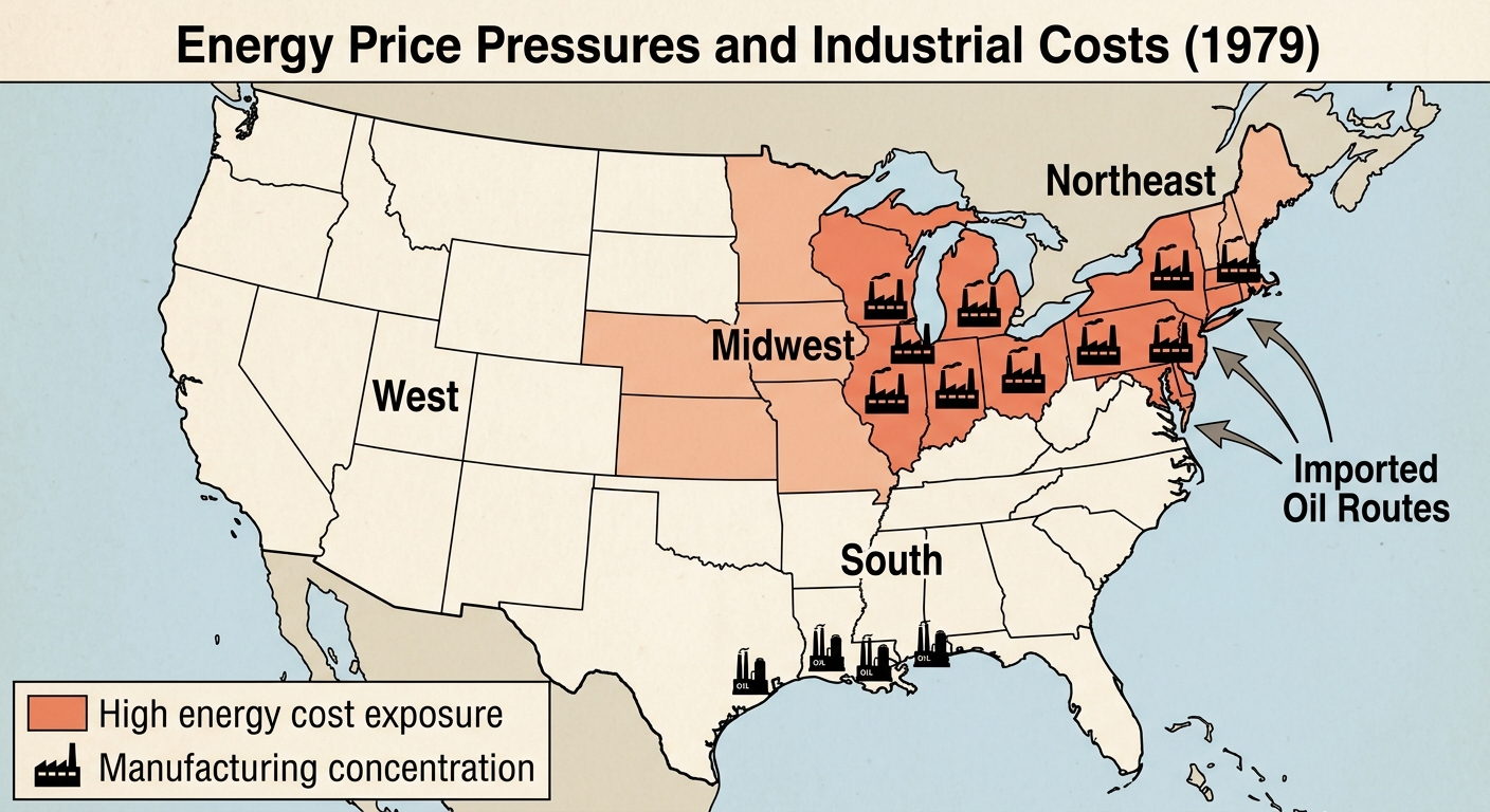Simplified 1979 U.S. map showing Northeast and Midwest factory clusters, Gulf Coast refineries, and imported oil routes to the East Coast, with a legend for energy cost exposure.
