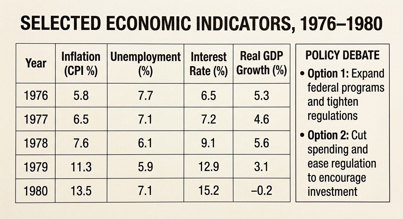 Large-text data table of 1976–1980 inflation, unemployment, interest rates, and GDP growth with a sidebar comparing two policy debate options.