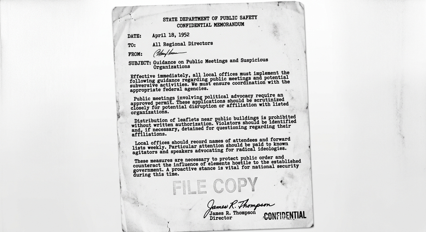 Black-and-white facsimile of a 1952 confidential public safety memorandum restricting permits, leafleting, and recording names at meetings.