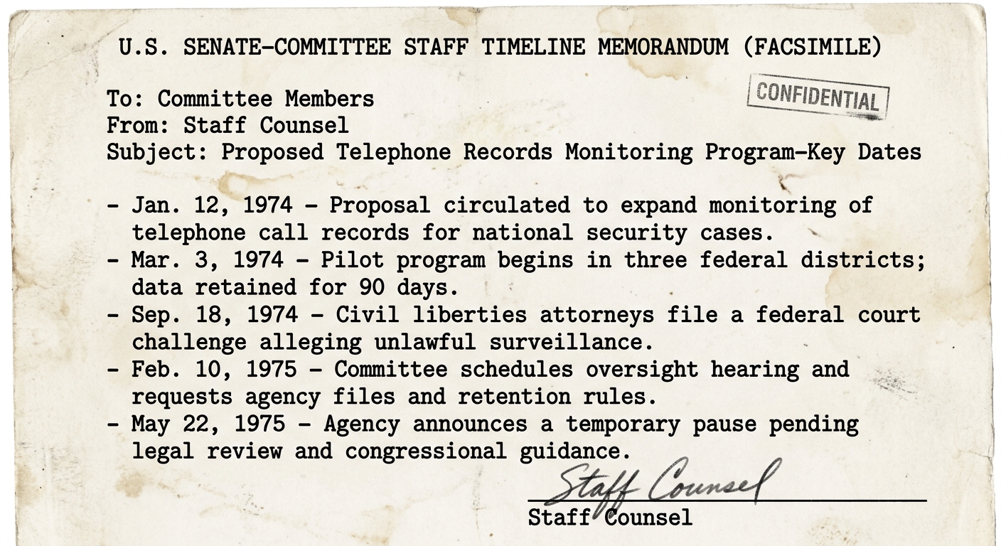 Black-and-white facsimile of a 1974–1975 U.S. Senate staff timeline memo listing dated events about a telephone records monitoring program and a later pause.