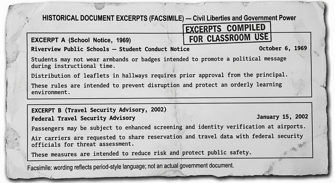 Black-and-white facsimile showing two dated excerpts: a 1969 school notice limiting political armbands and leaflets, and a 2002 travel security advisory describing enhanced screening and data sharing.