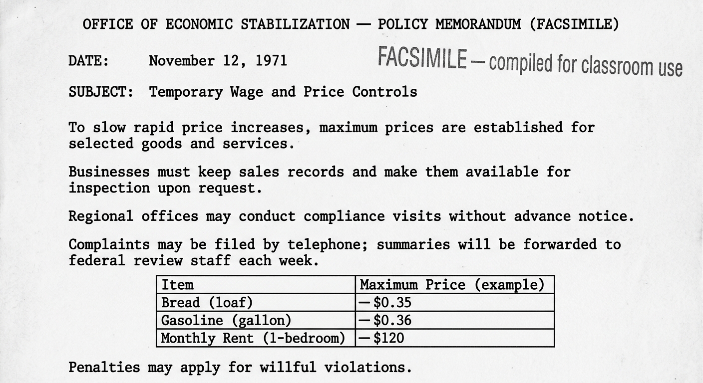 Black-and-white facsimile of a 1971 economic stabilization memo describing wage and price controls, a small table of maximum prices, and enforcement steps like record inspections and compliance visits.