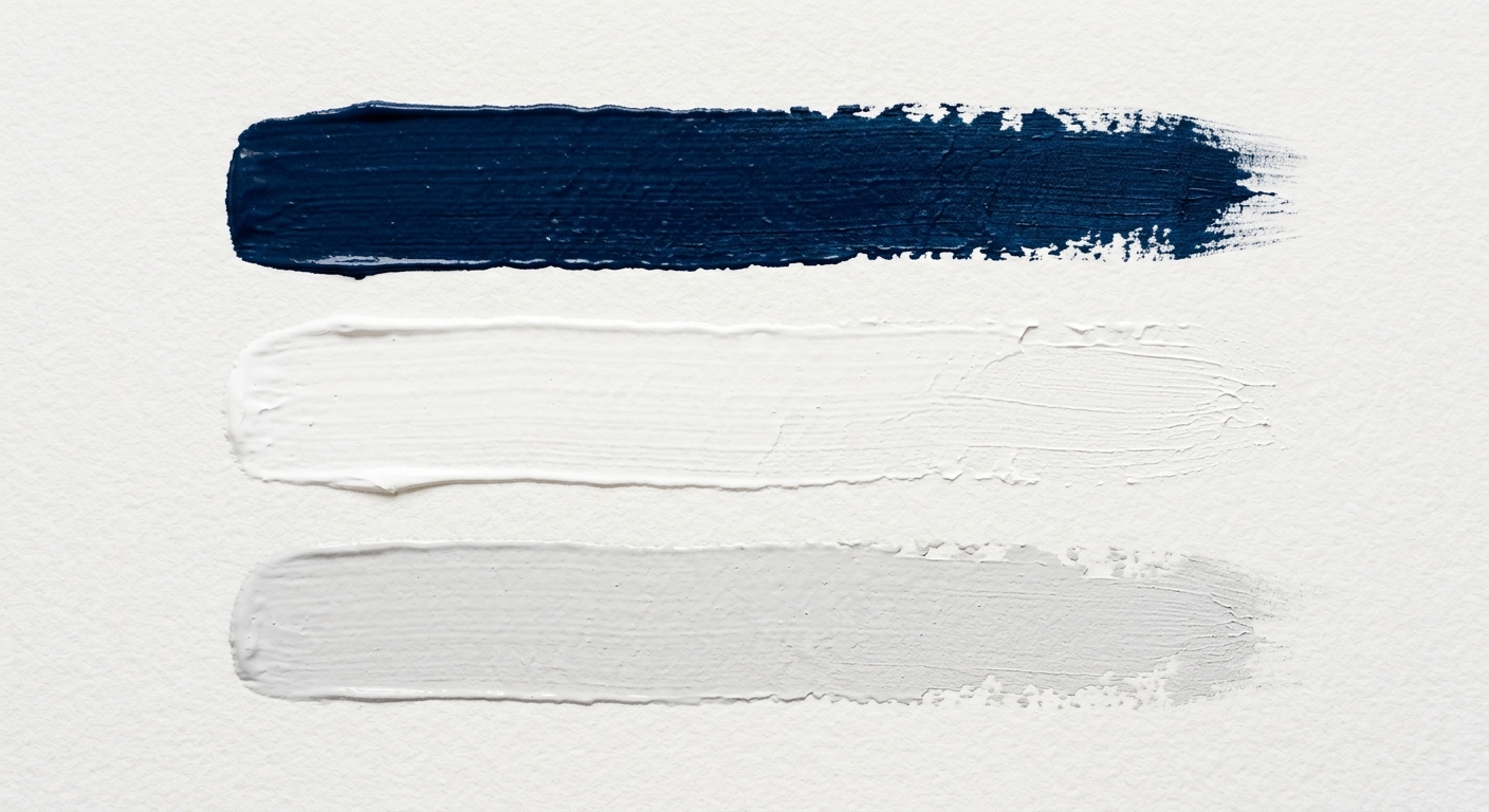 Paint strokes in navy blue, white, and light gray.