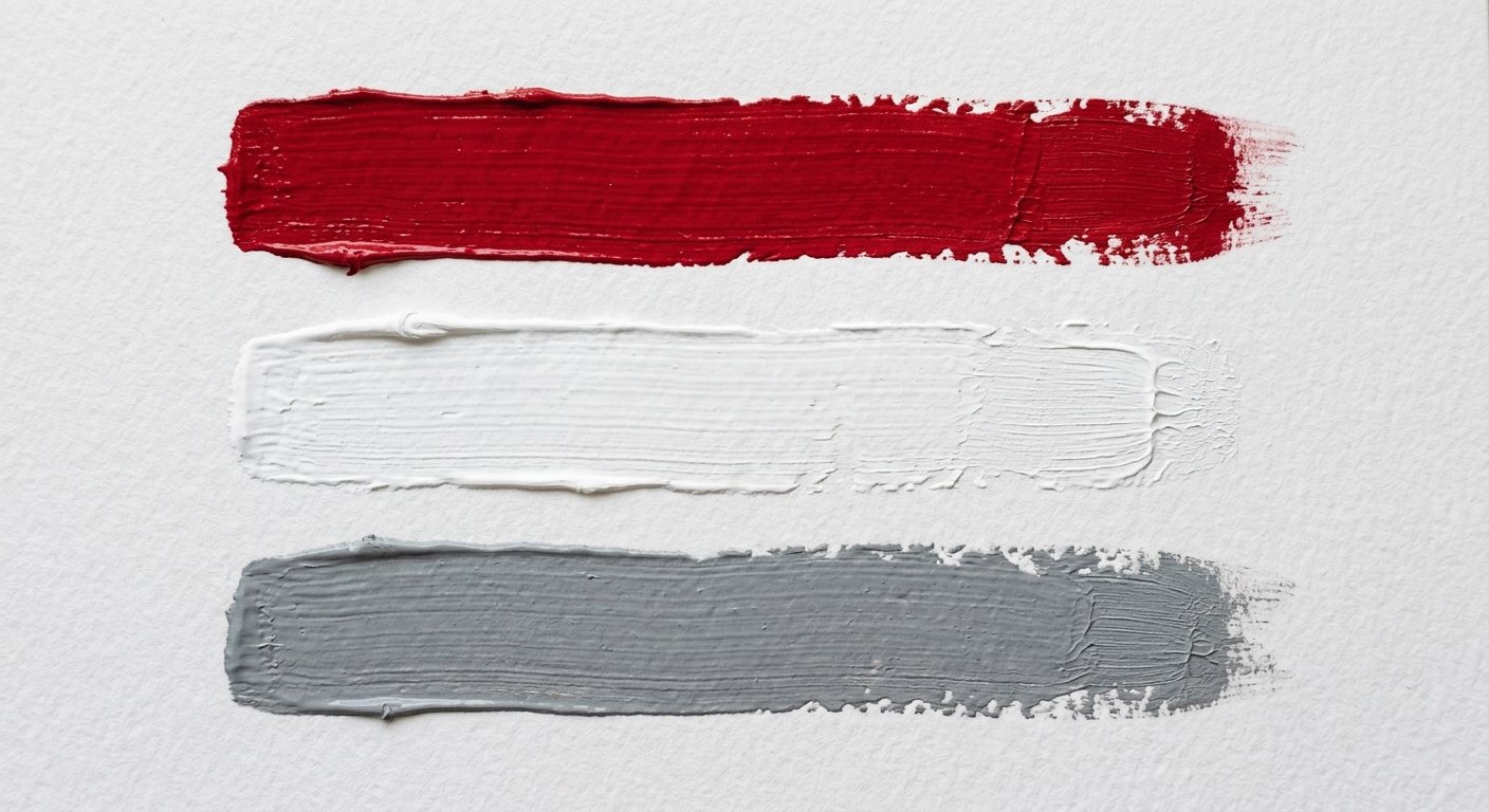 Paint strokes in crimson red, white, and gray.