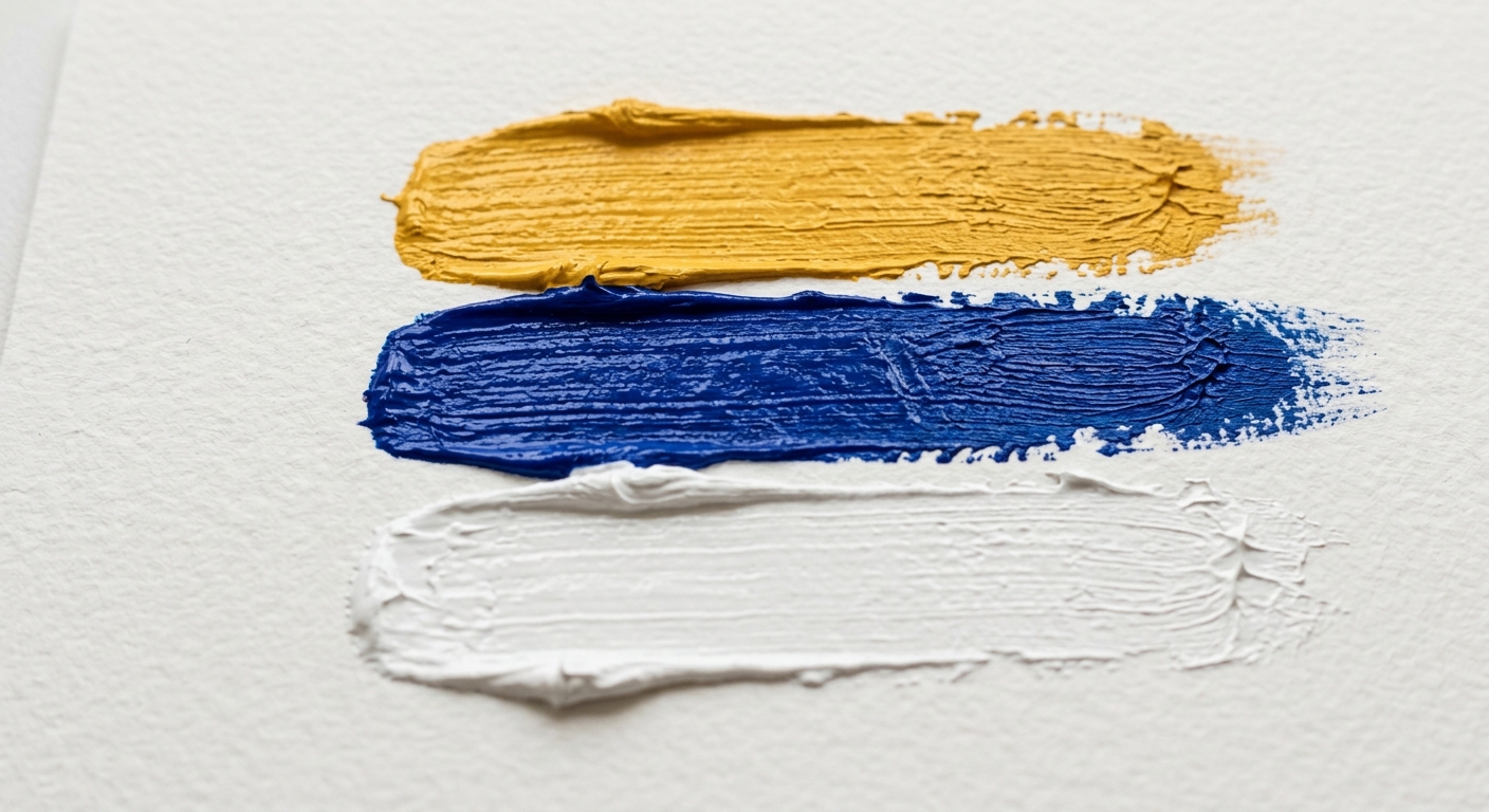 Paint strokes in maize yellow, blue, and white.