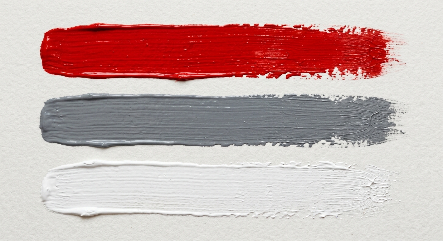 Paint strokes in scarlet red, gray, and white.