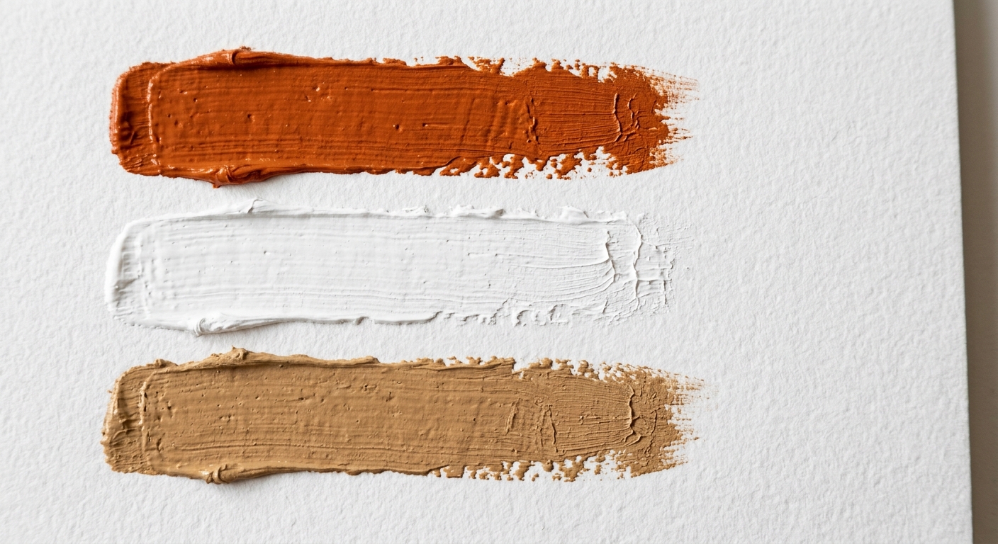 Paint strokes in burnt orange, white, and warm tan.