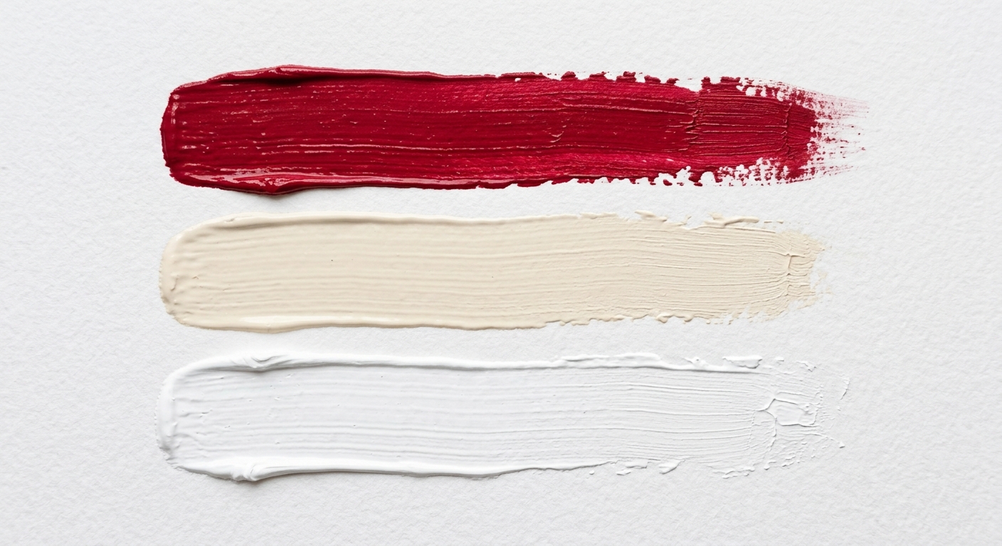 Paint strokes in crimson red, cream, and white.