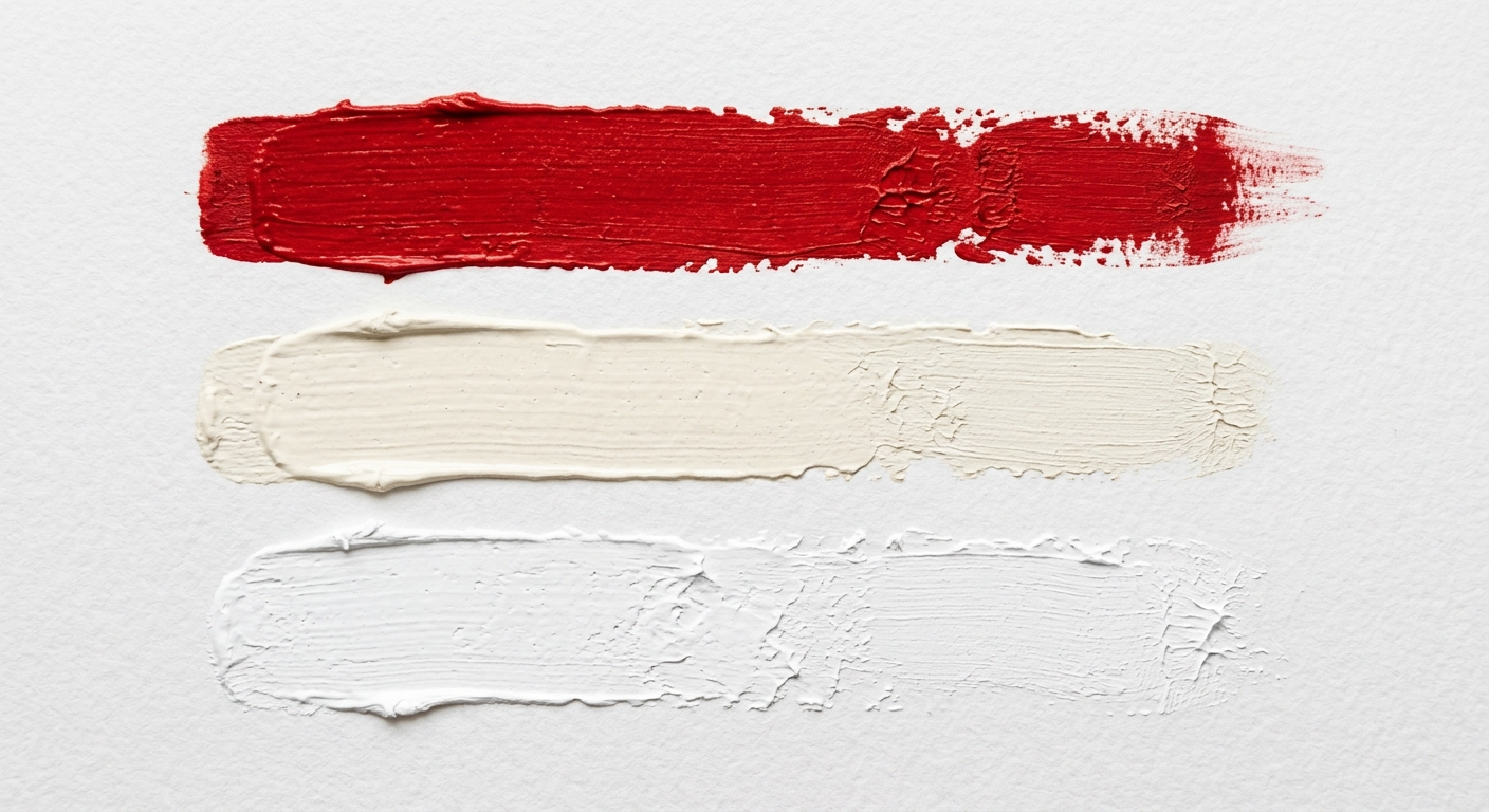 Paint strokes in scarlet red, cream, and white.