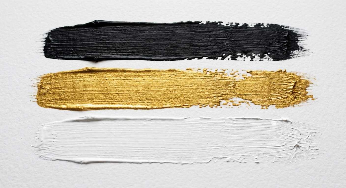 Paint strokes in black, gold, and white.