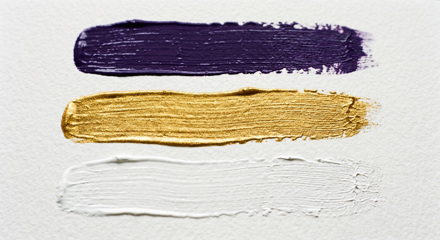 Paint strokes in purple, gold, and white.