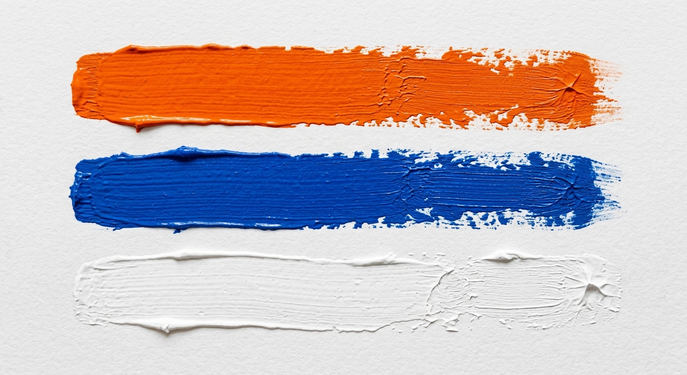 Paint strokes in orange, blue, and white.