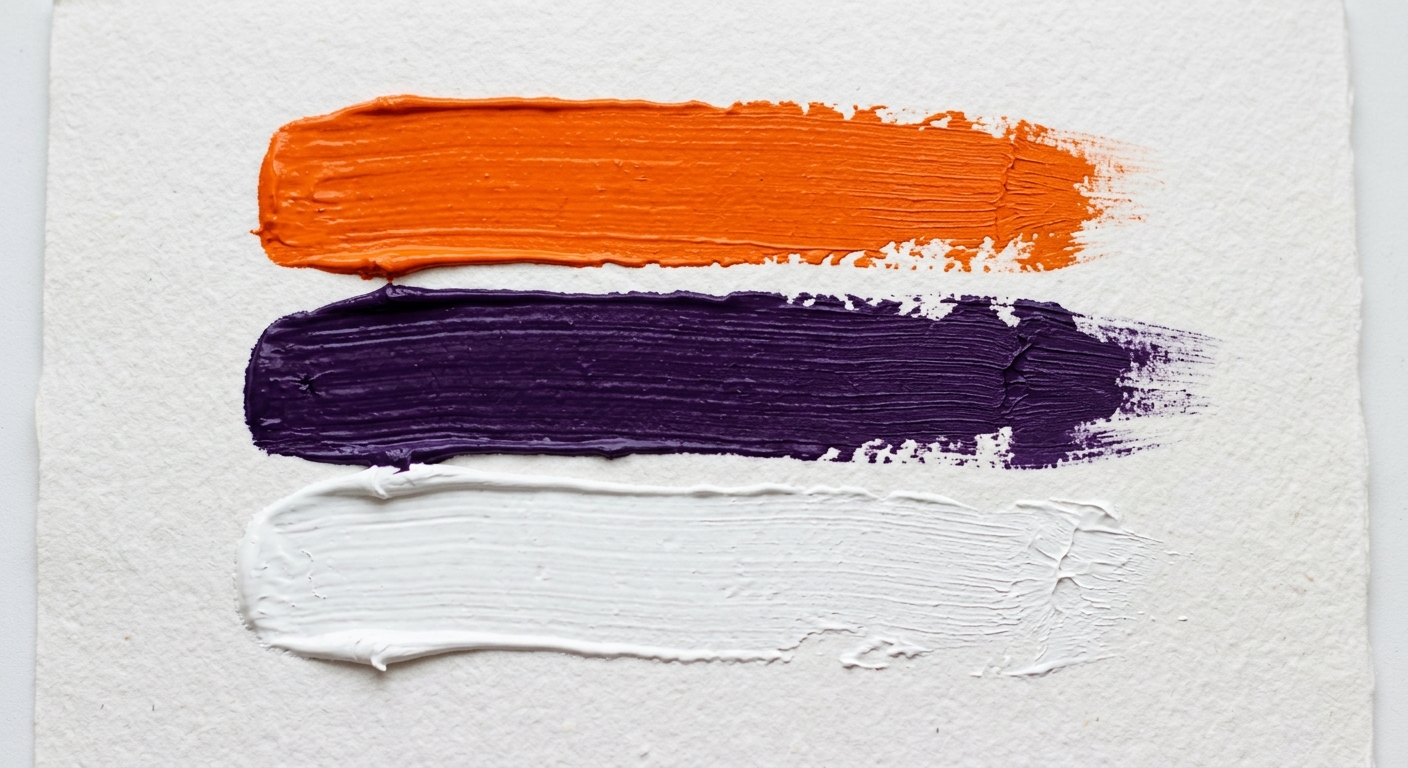 Paint strokes in orange, purple, and white.