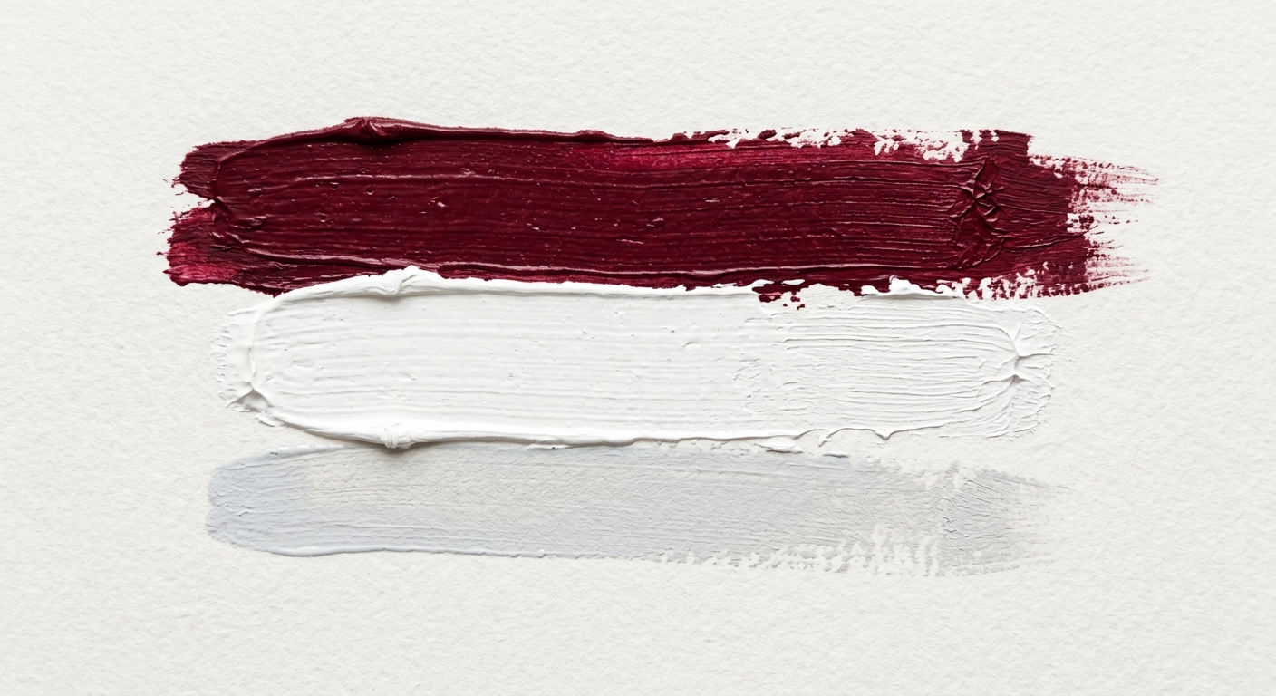 Paint strokes in maroon, white, and light gray.