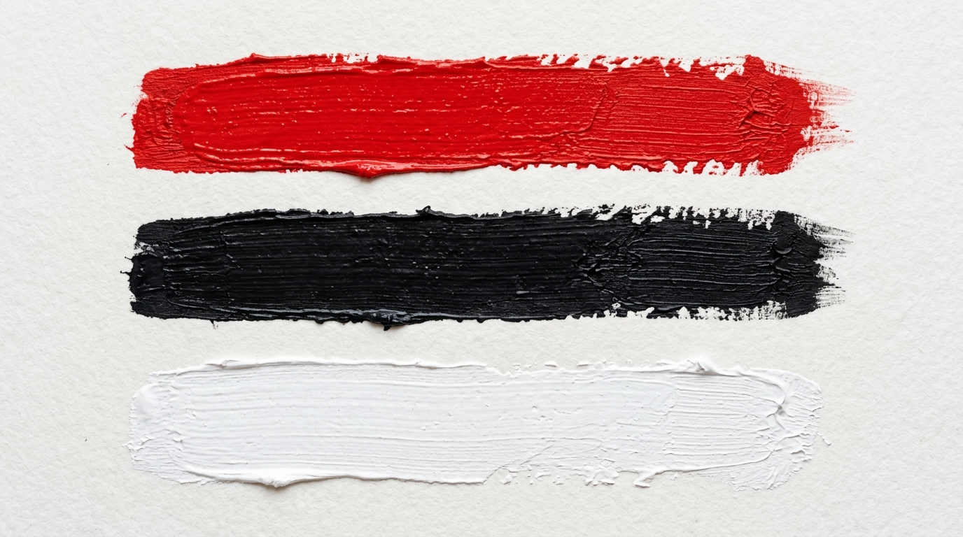 Paint strokes in red, black, and white.