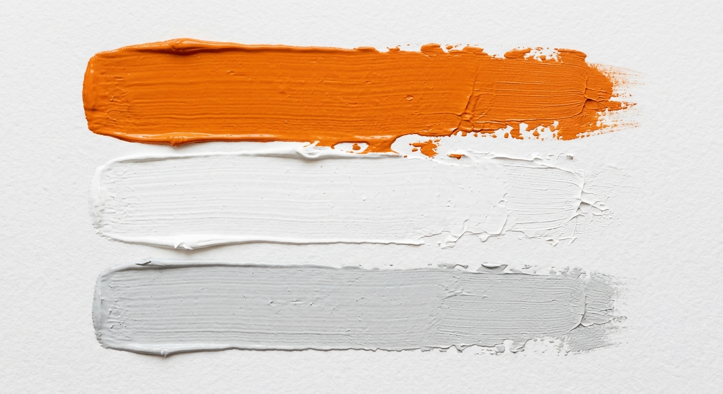 Paint strokes in bright orange, white, and light gray.