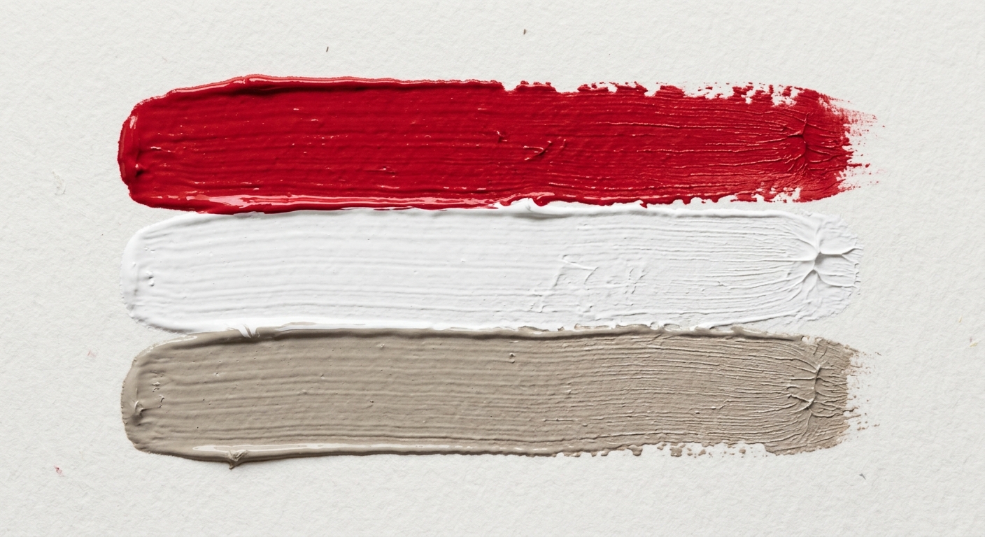 Paint strokes in cardinal red, white, and gray.