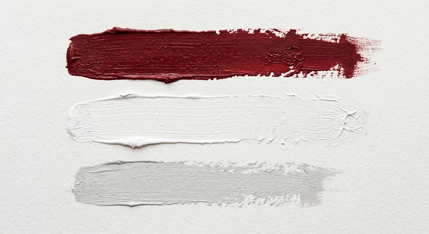 Paint strokes in dark red, white, and light gray.