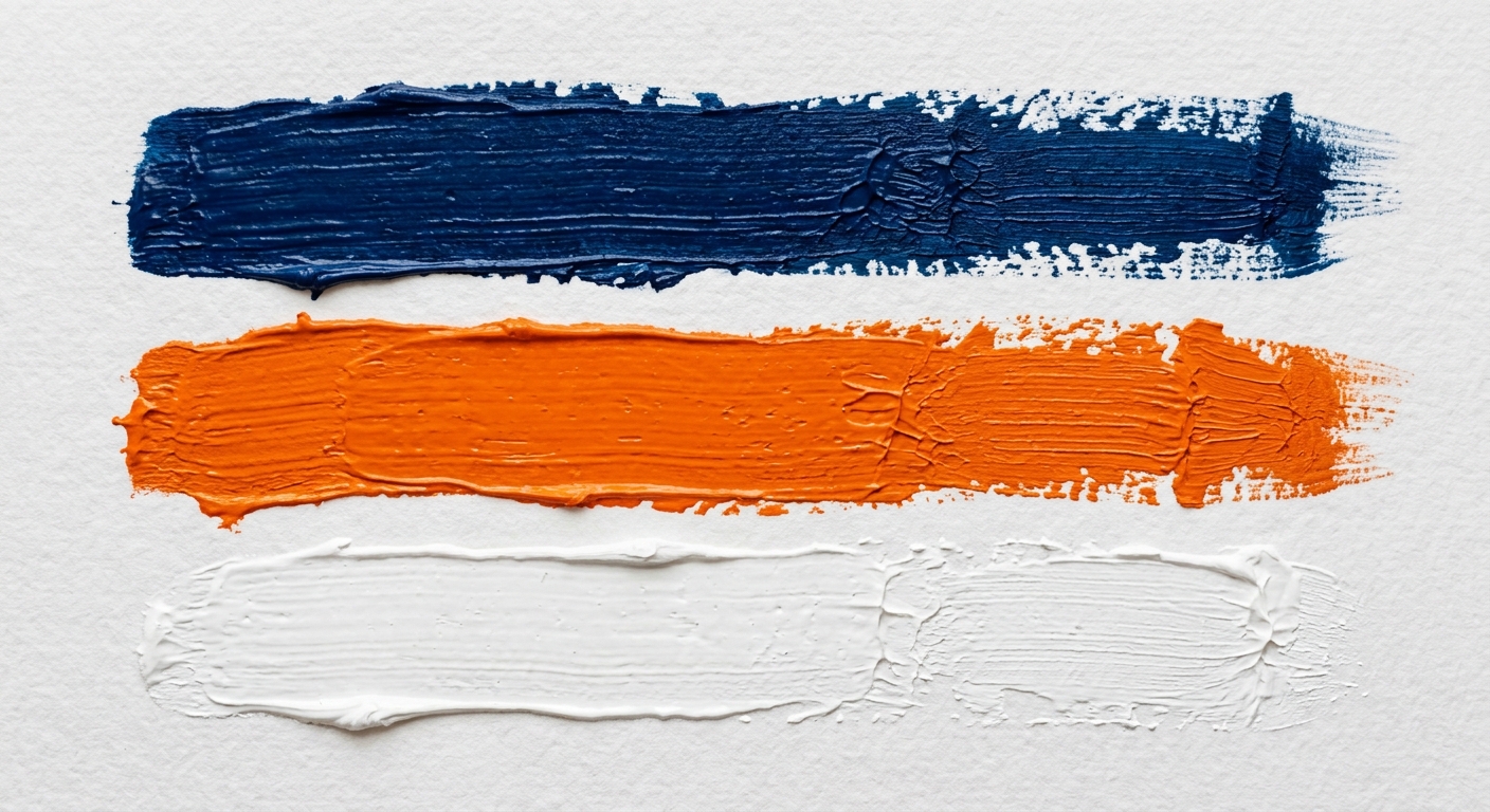 Paint strokes in navy blue, orange, and white.
