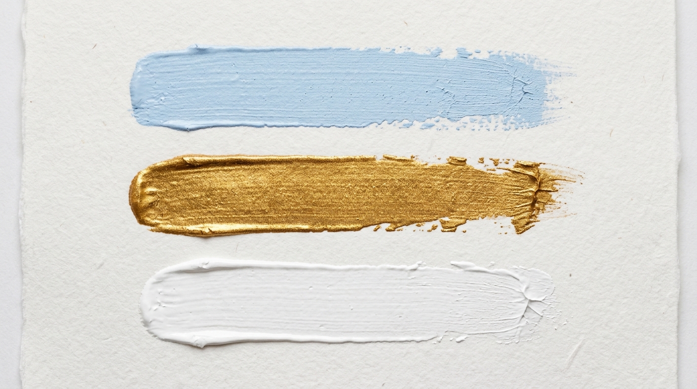Paint strokes in light blue, gold, and white.