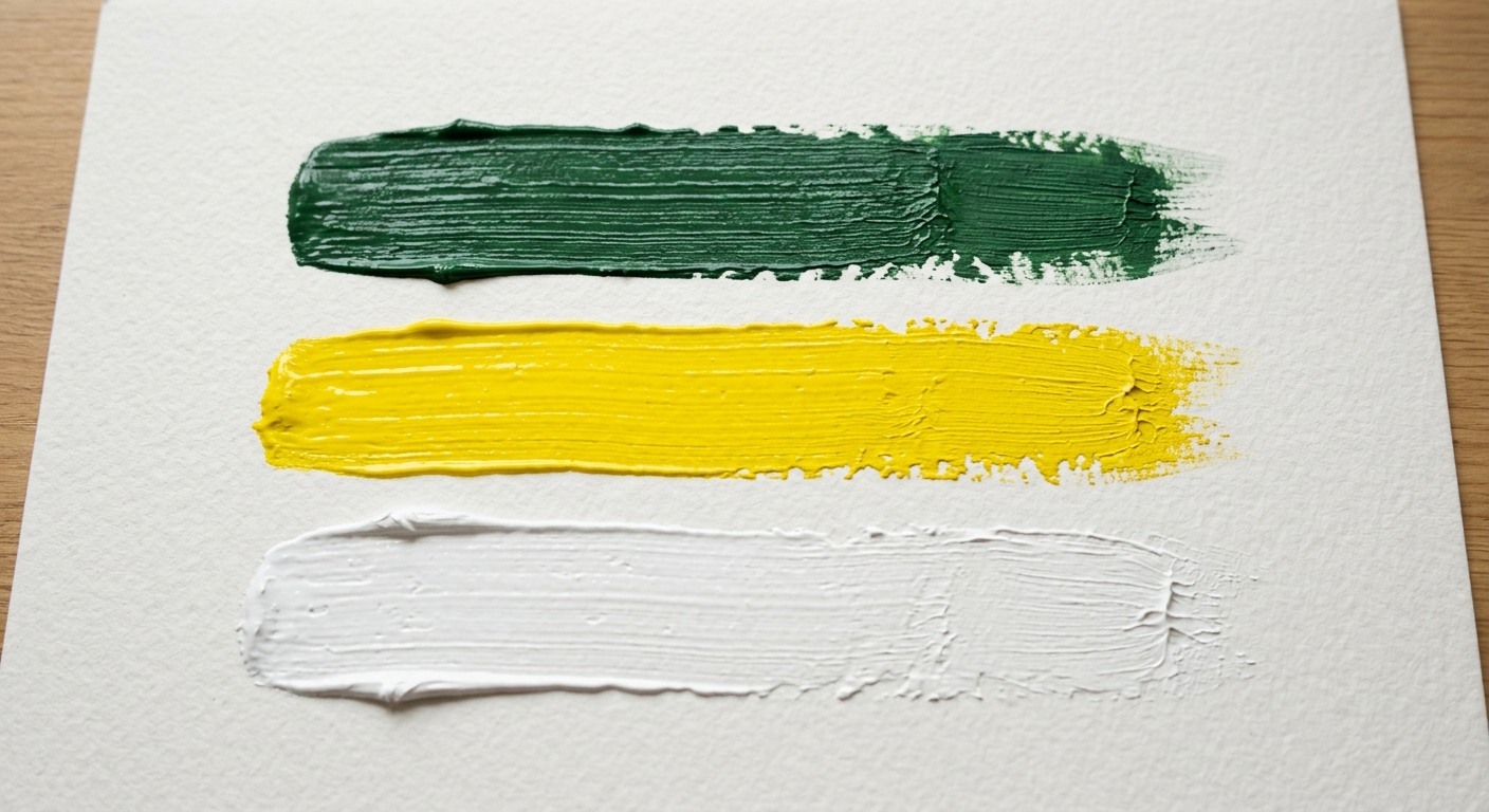 Paint strokes in green, yellow, and white.