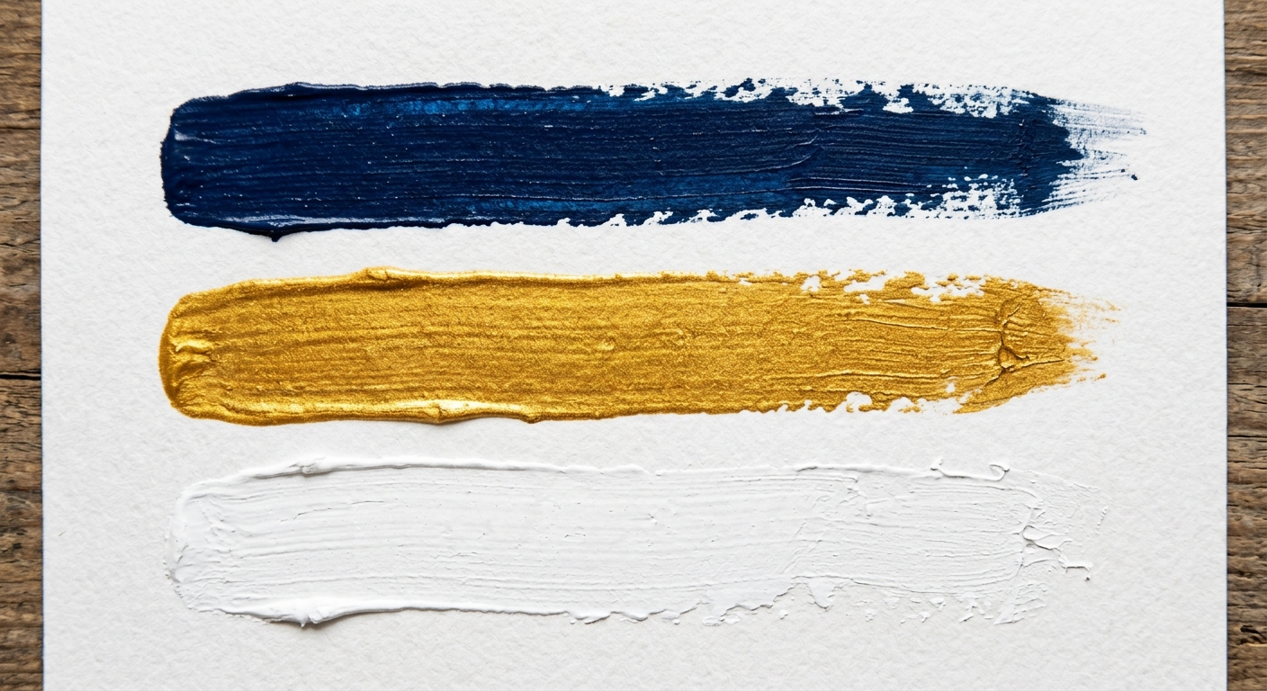 Paint strokes in navy blue, gold, and white.
