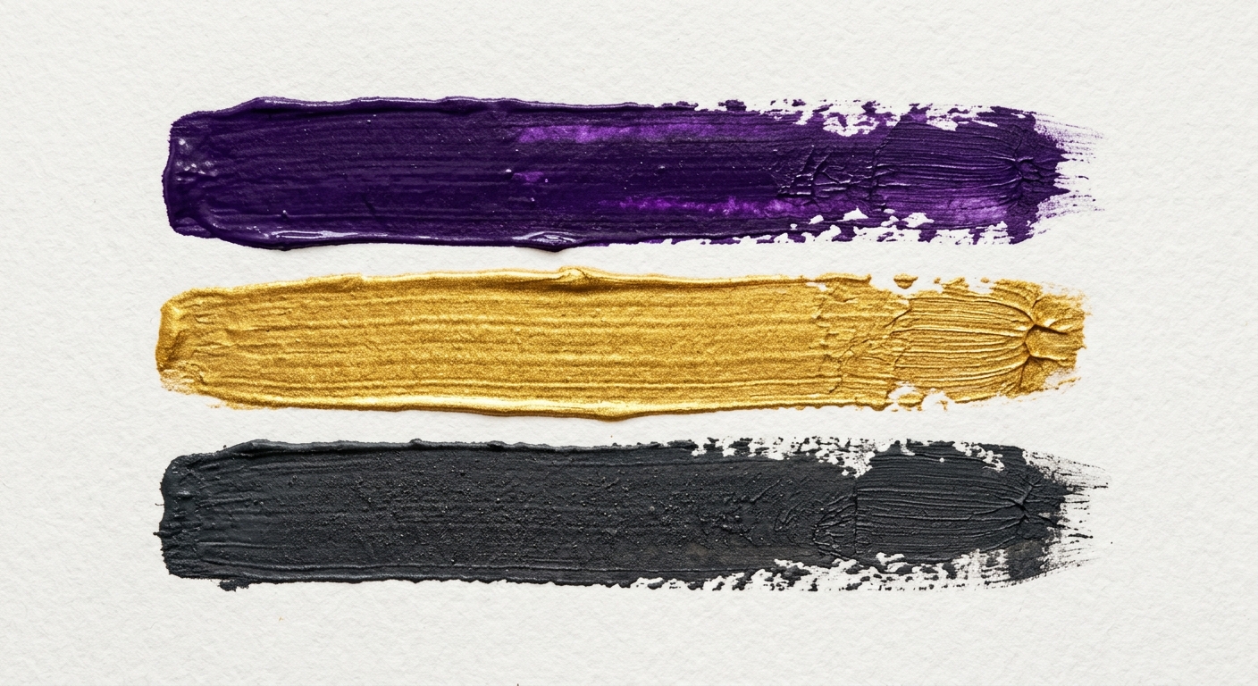 Paint strokes in purple, gold, and dark charcoal.