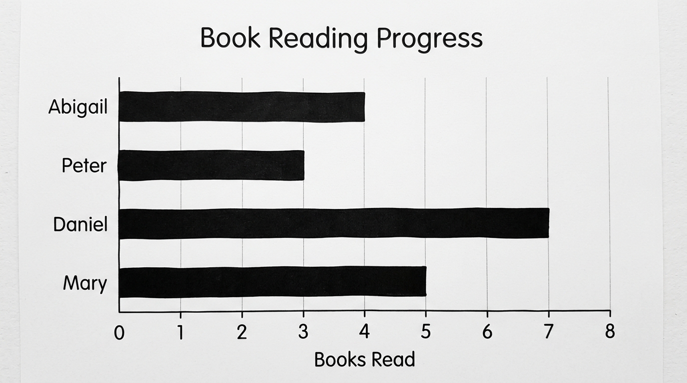 Bar graph of books read: Abigail 4, Peter 3, Daniel 7, Mary 5.