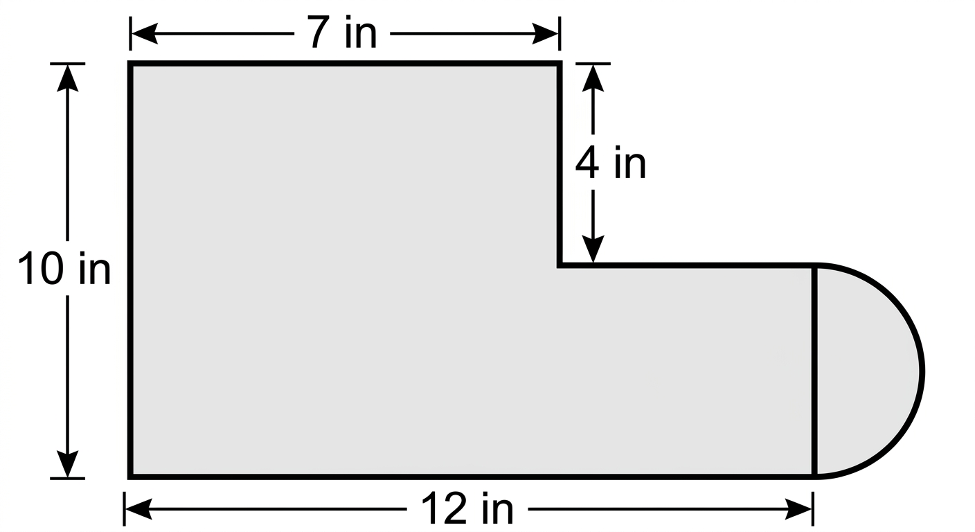 Composite shape with dimensions 10 in, 7 in, 4 in, 12 in and a semicircle on the right.