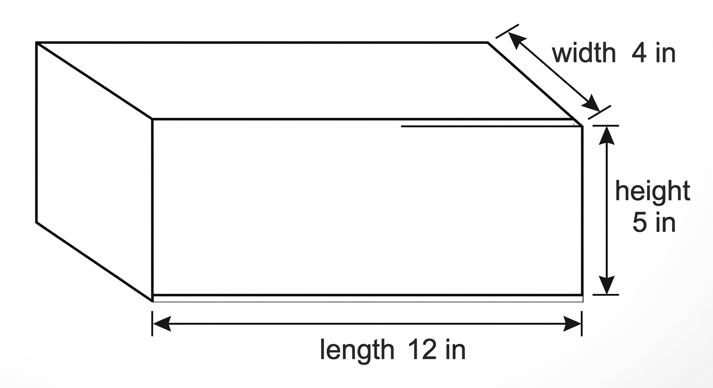Rectangular prism labeled 12 in by 4 in by 5 in.