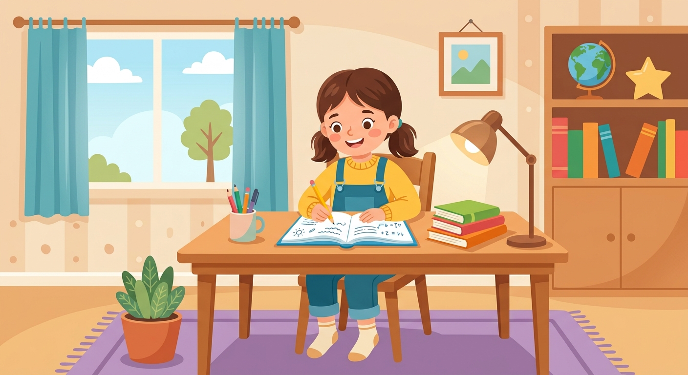 A student doing homework at a desk.