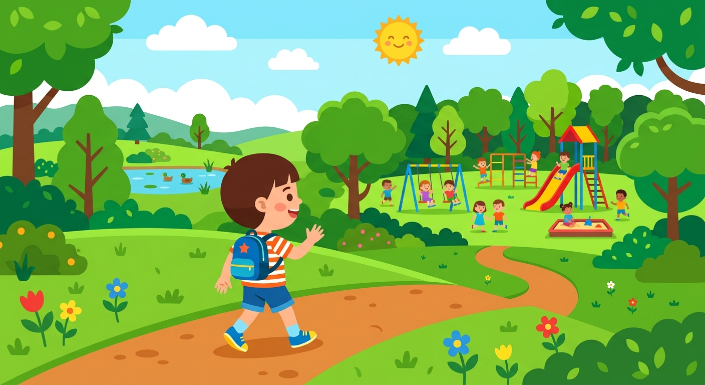 A child walking to a park with trees and a playground.