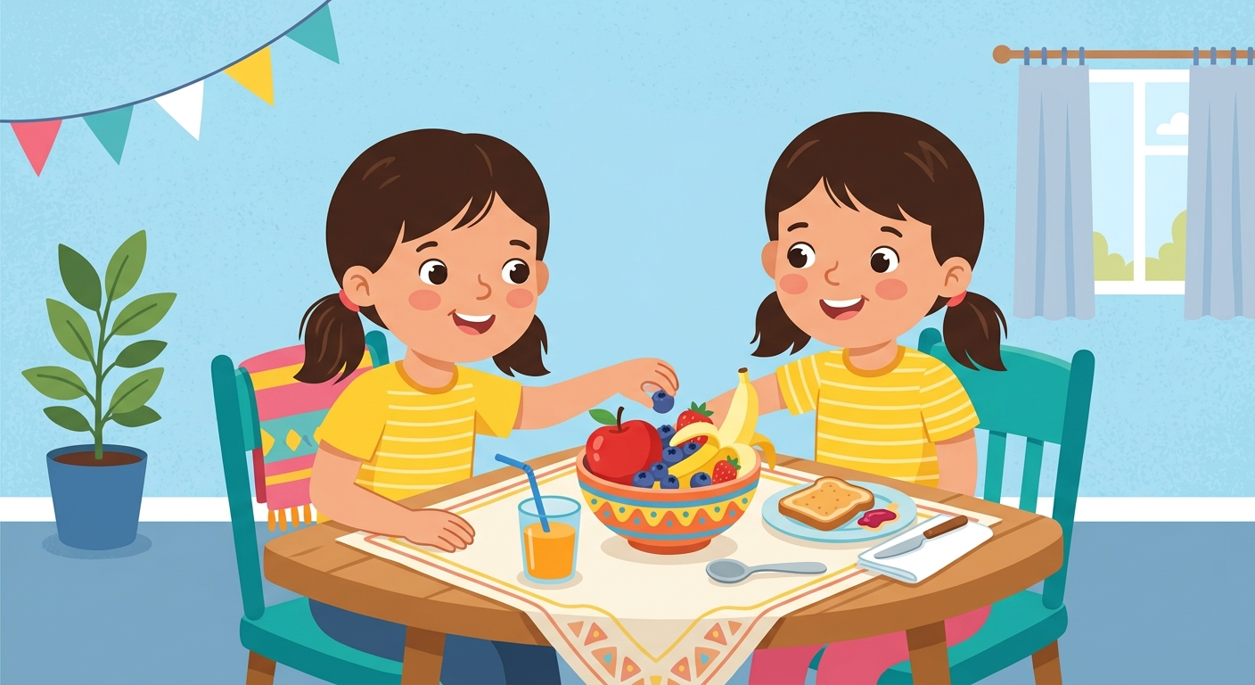 A child eating fruit at breakfast.