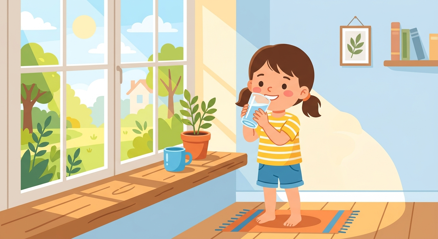 A girl drinking a glass of water in the morning.