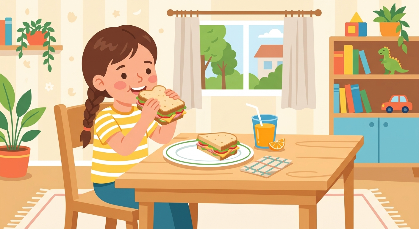 A child eating a sandwich at lunch.