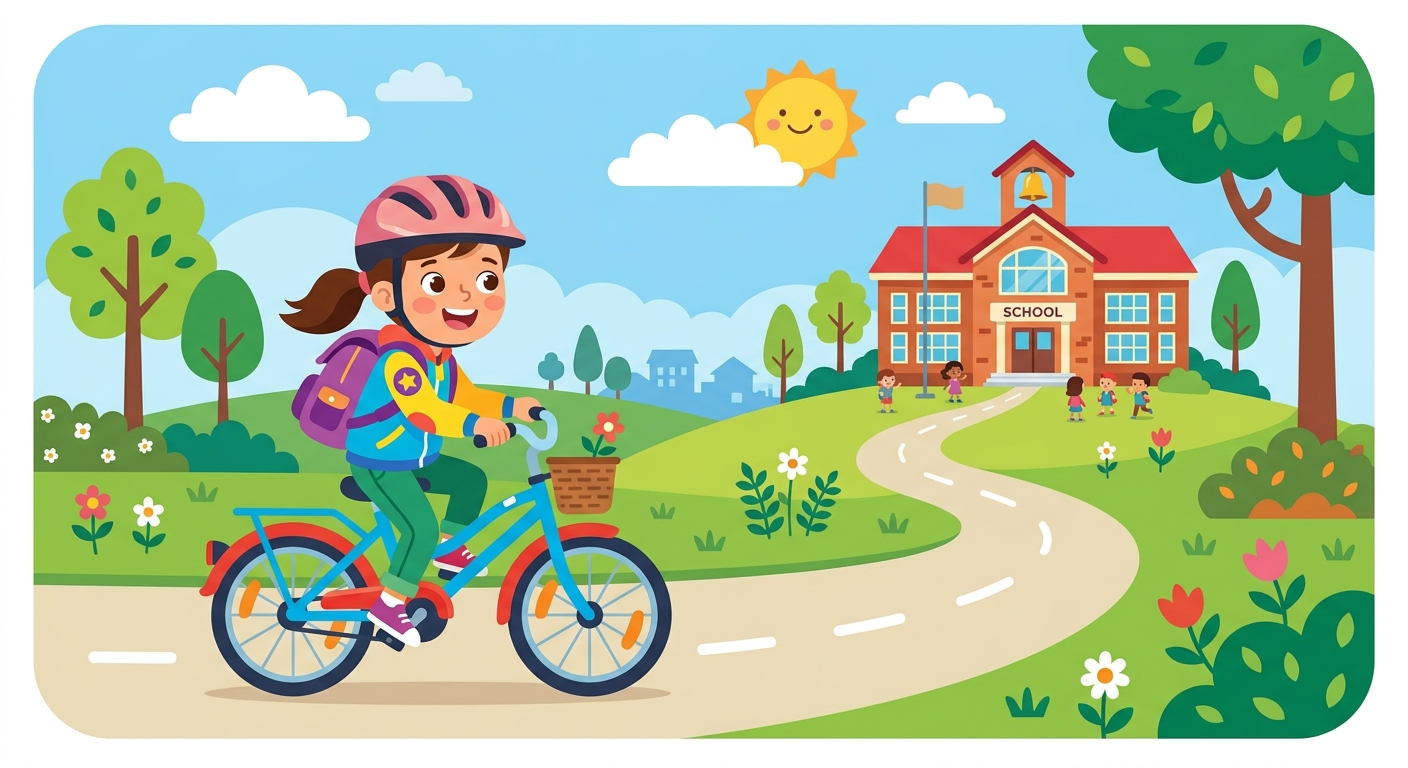 A child riding a bike to school.
