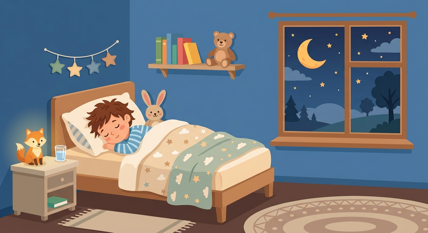 A child sleeping in bed at night.