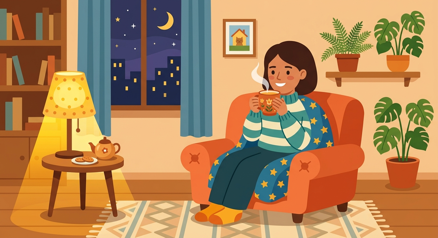 A person drinking a cup of tea in the evening.