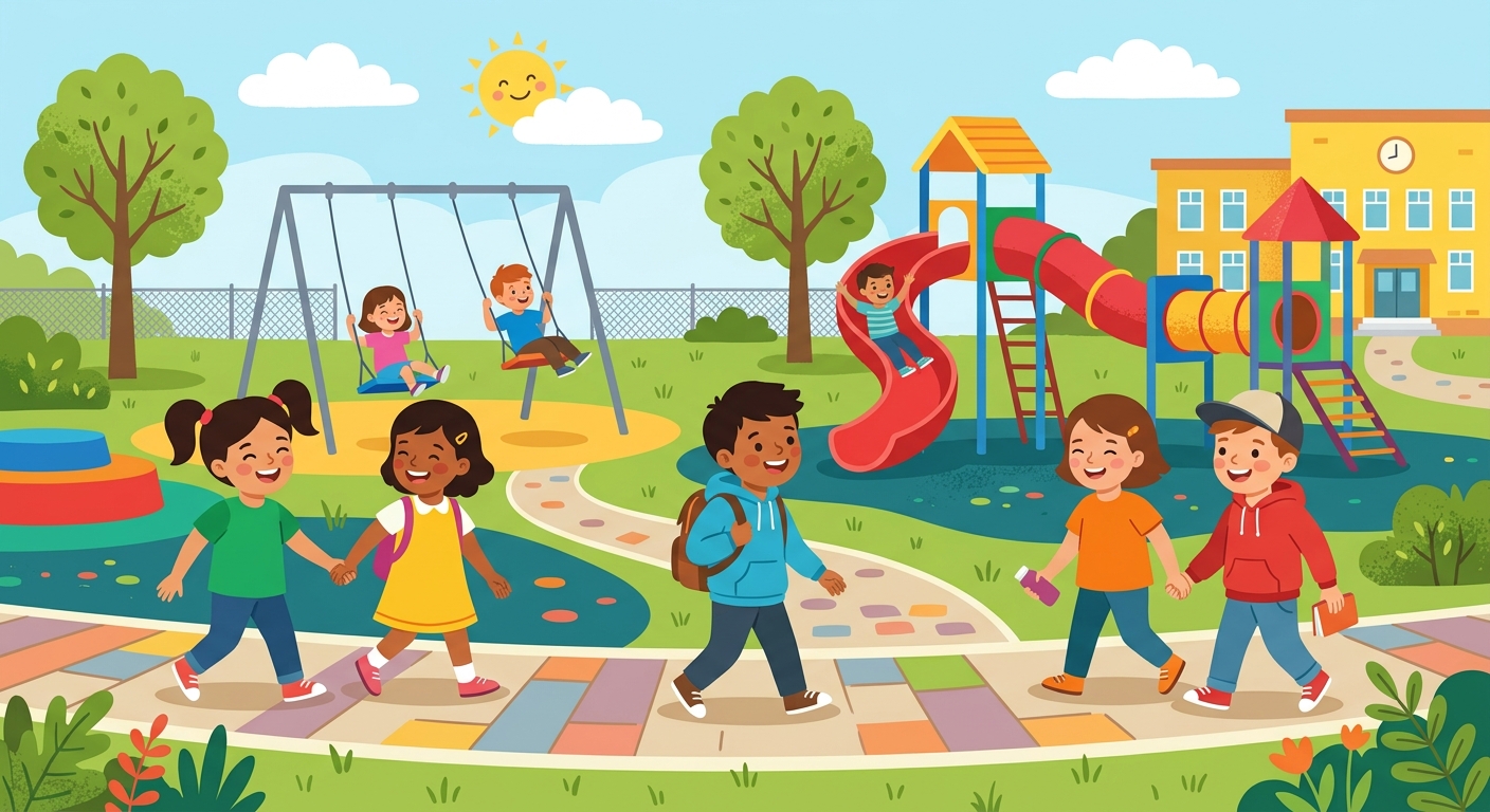 Children walking on a playground during recess.