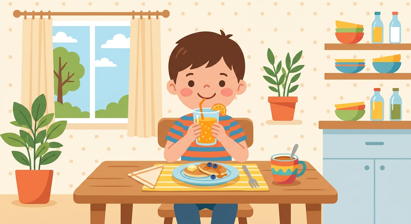 A child drinking juice with breakfast.